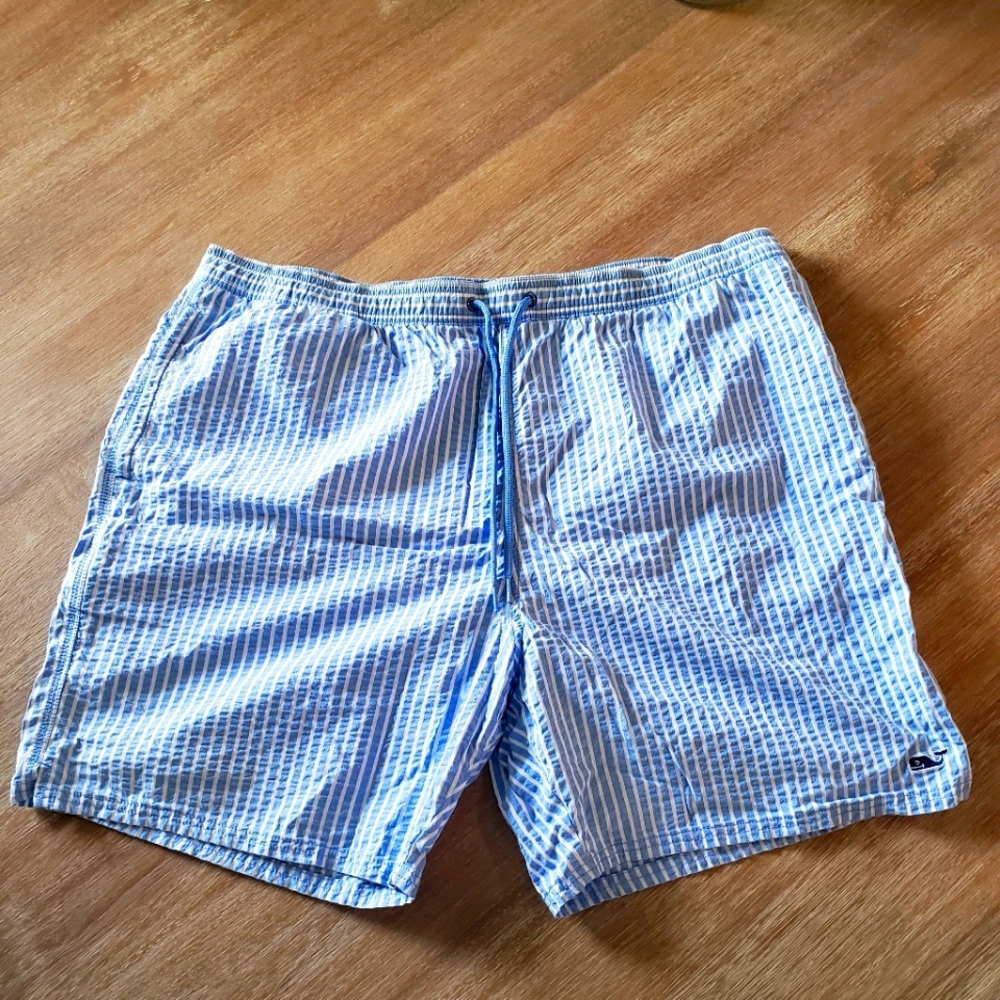 XL Vineyard Vines Blue/White Pinstripe Swim Trunks
